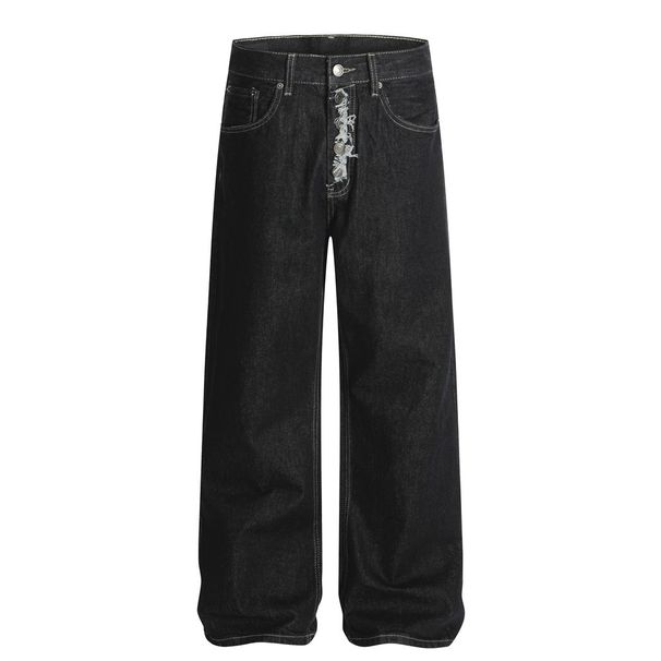American High Street Straight-Leg Jeans For Men With Design Sense, Button Closure, Cat Whiskers, Niche Loose Wide-Leg_viptrois.com