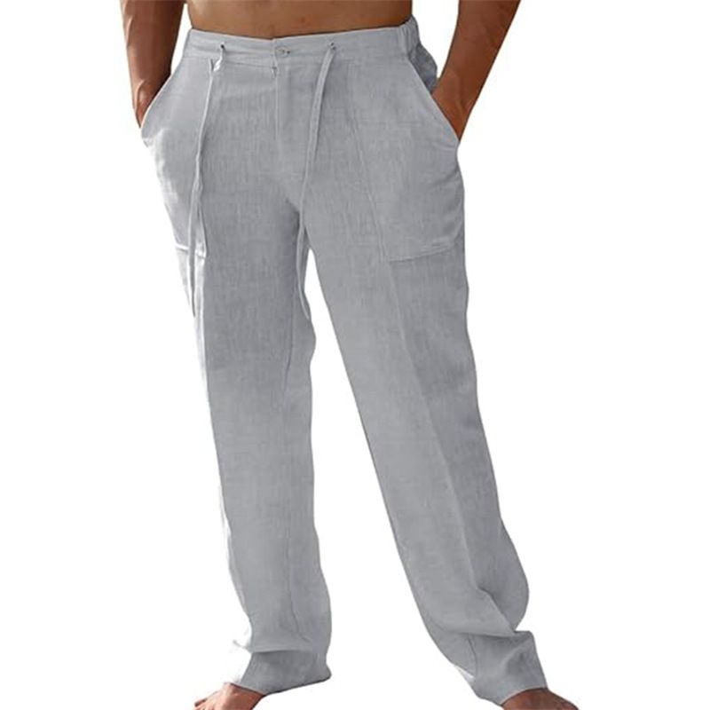 Men's Clothing Men's Casual Linen Patch Pocket Loose Drawstring Straight Summer Beach Yoga Pants_viptrois.com