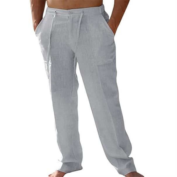 Men's Clothing Men's Casual Linen Patch Pocket Loose Drawstring Straight Summer Beach Yoga Pants_viptrois.com