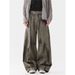 Men's Clothing Streetwear Distressed Cargo Jeans For Men - Vintage Washed Cotton Work Pants With Wrinkled Design, Loose Fit, Straight Leg, Green_viptrois.com