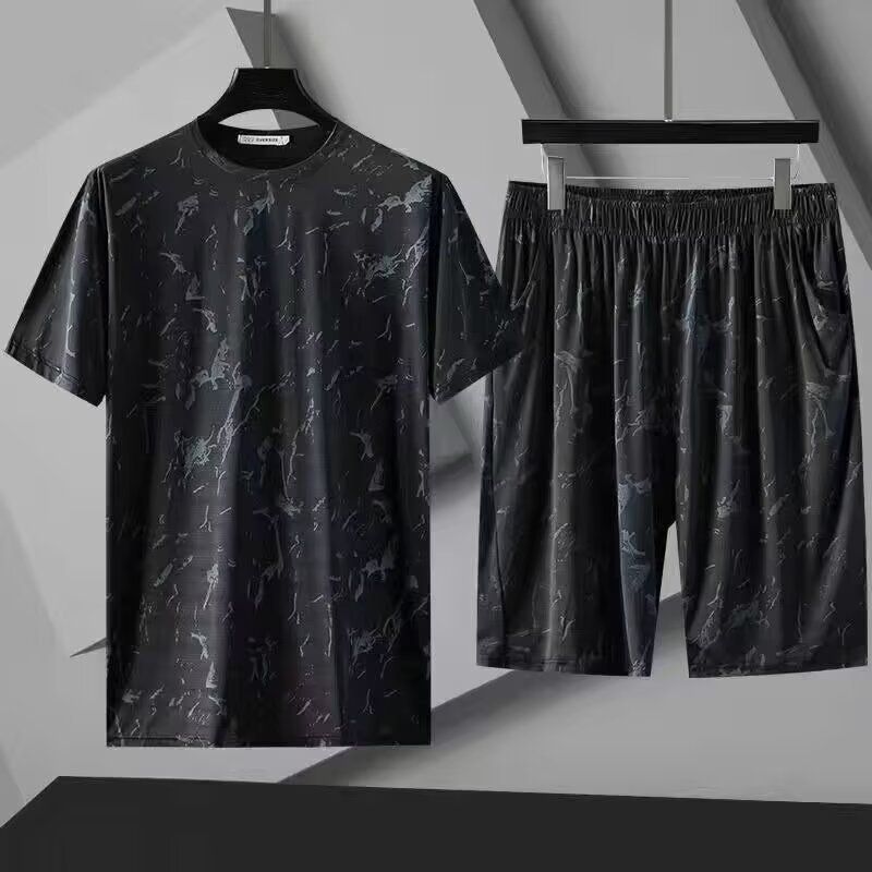 Large Size Ice Silk Suit Men Fat Casual Short Sleeved Shorts Suit Plus Size Plus Size Men's Summer Sports Two Piece Suit_viptrois.com