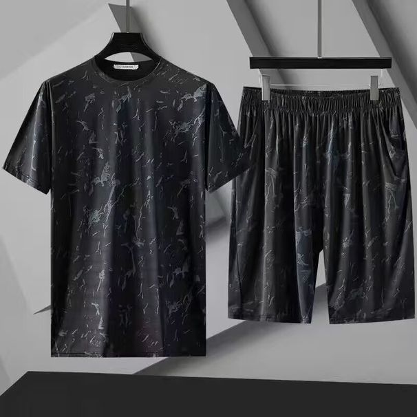 Large Size Ice Silk Suit Men Fat Casual Short Sleeved Shorts Suit Plus Size Plus Size Men's Summer Sports Two Piece Suit_viptrois.com