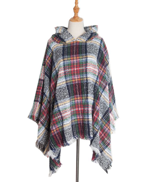 Unisex Shawl Spring and winter loop yarn double checked hooded cape over shawl_viptrois.com