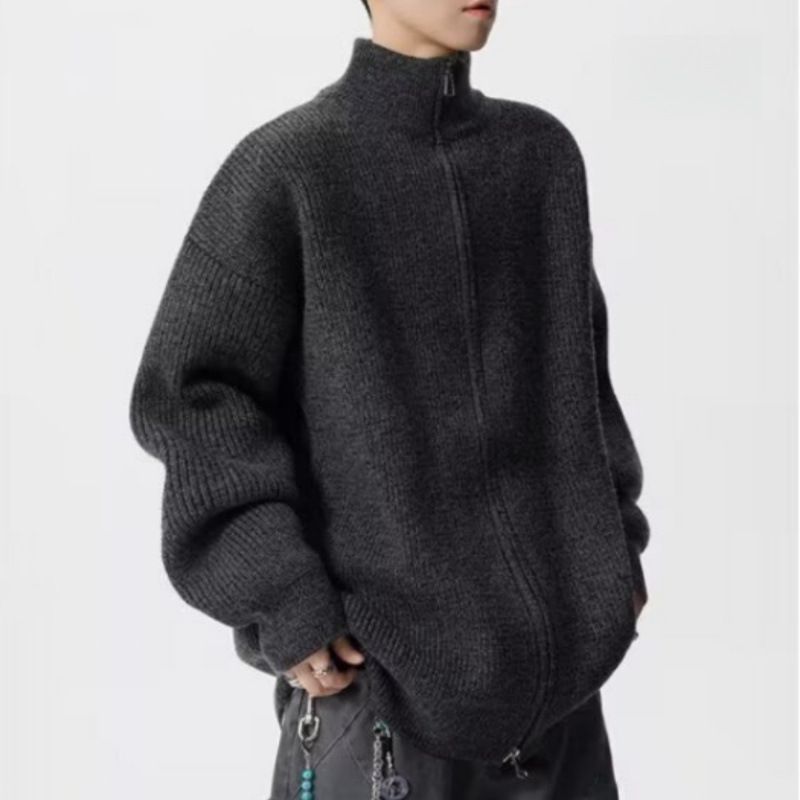 Stand Up Collar Cardigan With Double Zipper Sweater, Men's Autumn And Winter Solid Color Knitted Sweater, Outerwear, And Thread Jacket_viptrois.com