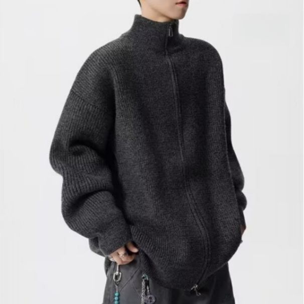 Stand Up Collar Cardigan With Double Zipper Sweater, Men's Autumn And Winter Solid Color Knitted Sweater, Outerwear, And Thread Jacket_viptrois.com
