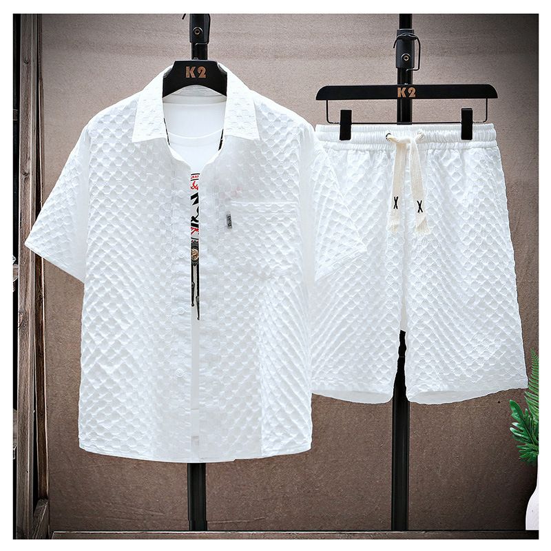 Men's Clothing Short Sleeved Shirt And Shorts Set Summer Ice Silk Suit Thin Sports Casual Two Piece Suit For Men_viptrois.com