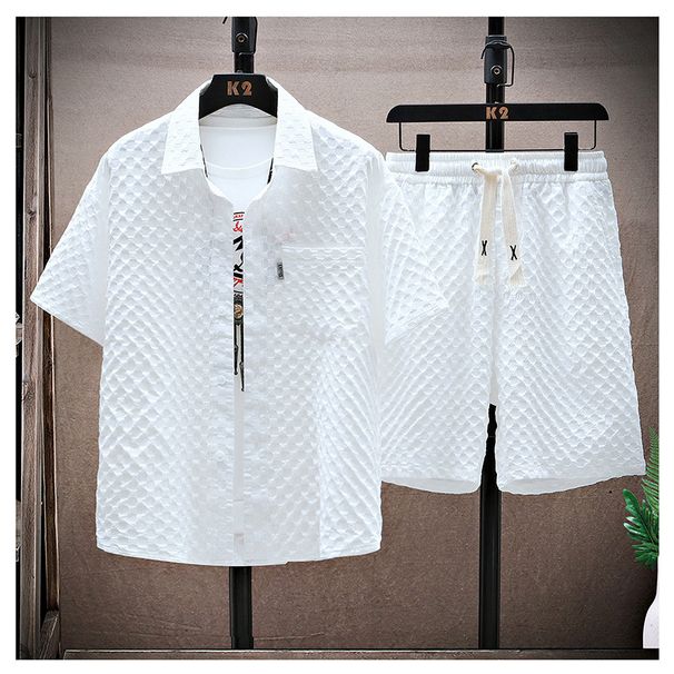Men's Clothing Short Sleeved Shirt And Shorts Set Summer Ice Silk Suit Thin Sports Casual Two Piece Suit For Men_viptrois.com