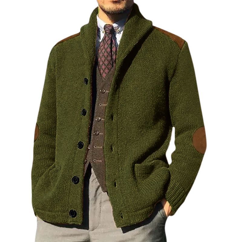 "Men's Slim Fit PU-Trimmed Knit Cardigan – Long Sleeve Lapel Collar Sweater Jacket For Winter (Gray/Black/Navy/Green/Khaki/Olive)"_viptrois.com