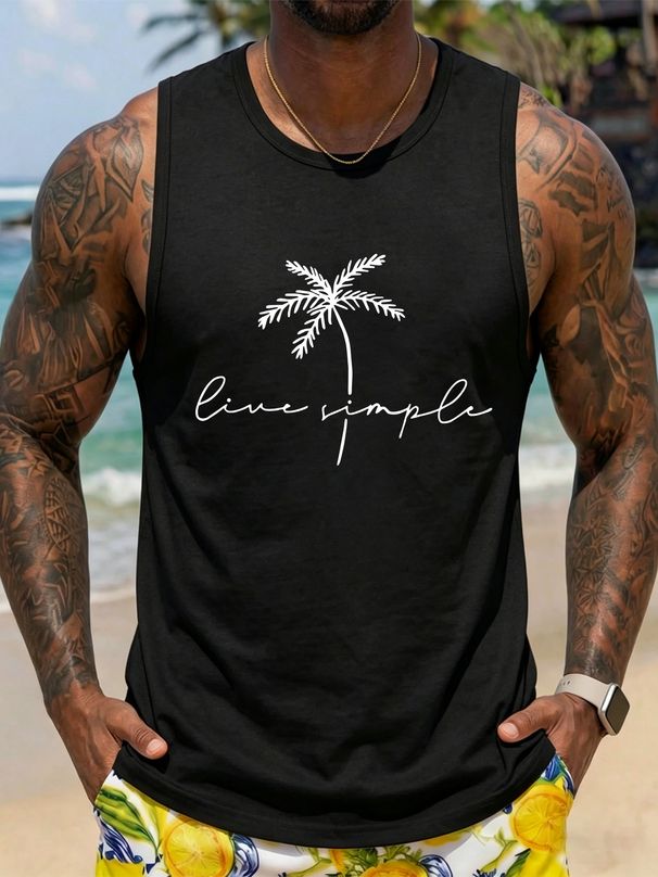 Canotta Uomo Girocollo 100% Cotone Stampa Palme Morbida Traspirante Senza Maniche Vacanze Uso Quotidiano Estivo Multicolore_viptrois.com