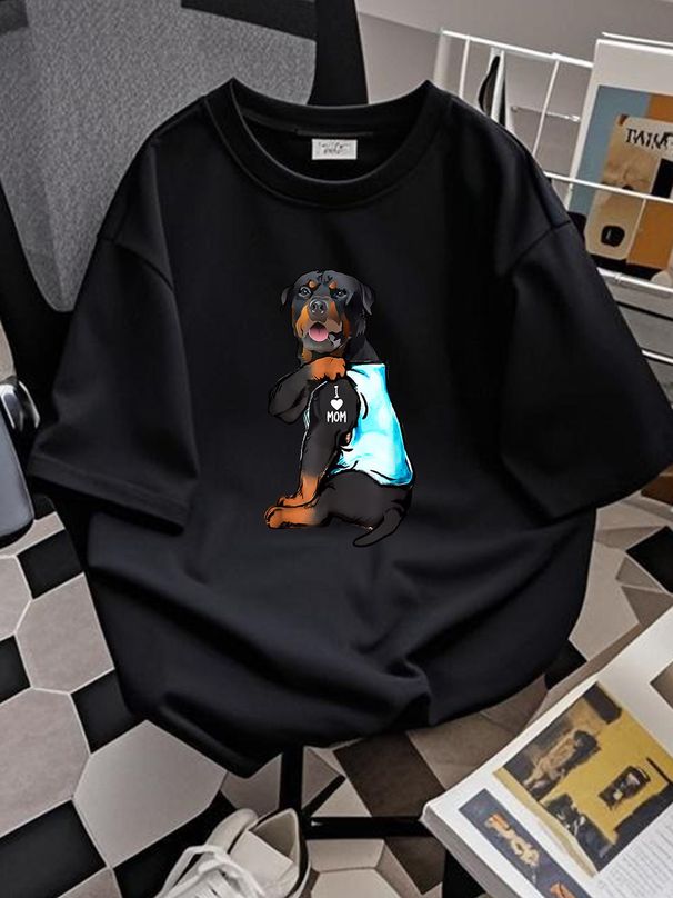 Rottweiler I Love Mom Tattoo Unisex T-shirt Homme Slightly Fashion Stretched Soft Designer Clothes Top For Everyday Wear Streetwear Casual Stylish_viptrois.com