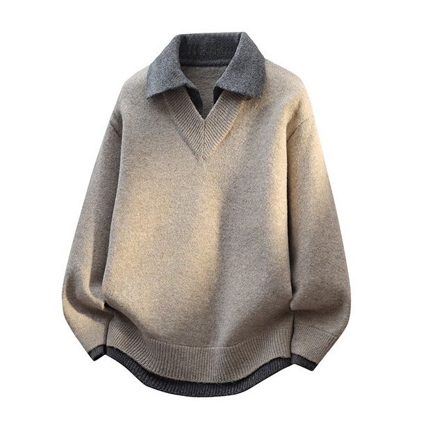 Men's Plus Size Fake Two Piece Knit Sweater Polo Shirt - V-Neck Old Money Style Trendy Casual Pullover (Greyish/Apricot, S-2XL)_viptrois.com