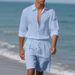 Men's Clothing Men's Summer New Loose Trend Linen Solid Color Simple Long Sleeved Shirt Beach Shorts Suit_viptrois.com