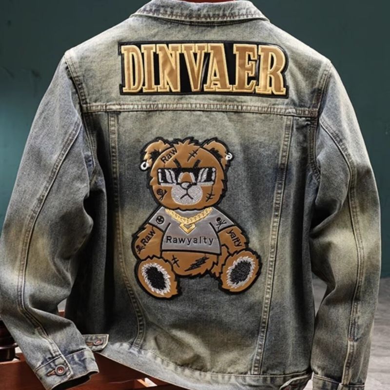 Men's Clothing high end light colored motorcycle denim jacket men's fashion brand old retro heavy duty bear jacket embroidered gown trend_viptrois.com