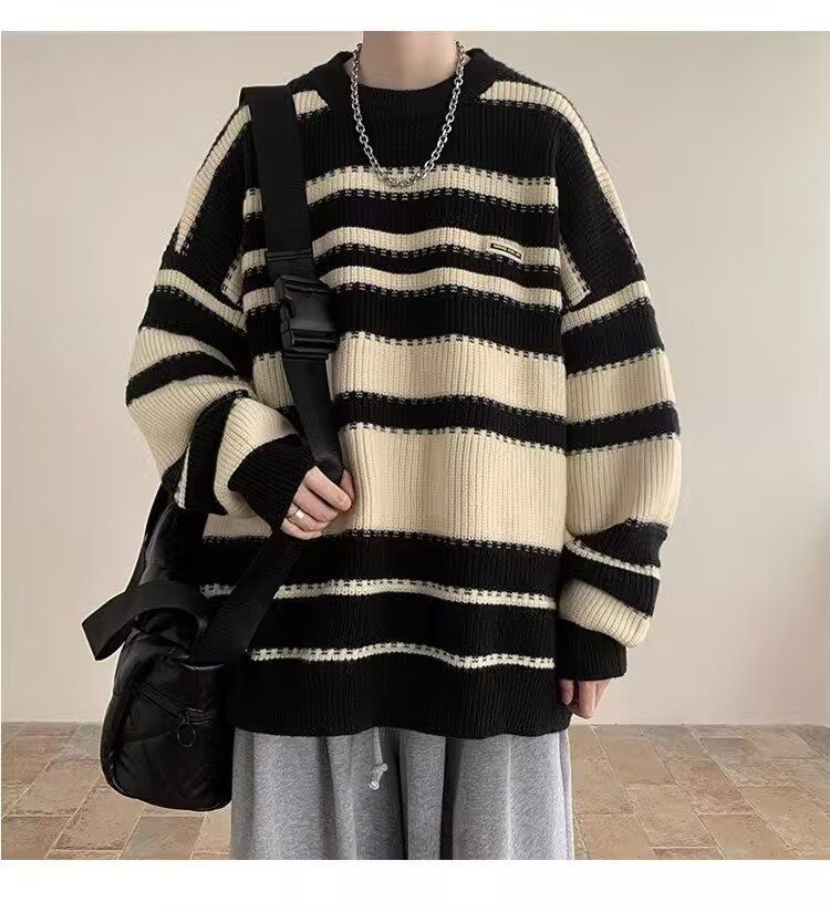 Autumn And Winter New Men's Sweater Loose Crew Neck Striped Knitted Sweater Boys Trend Contrasting Color Pullover Warm Top_viptrois.com