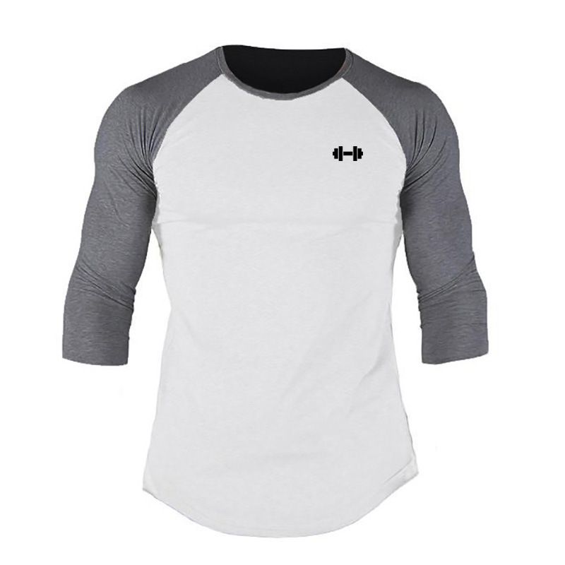 Autumn Crew Neck Sleeve Splicing T-Shirt Men's Seven-quarter Sleeve Top Slim-fit Elastic Bottom Shirt Casual Fitness Cotton_viptrois.com