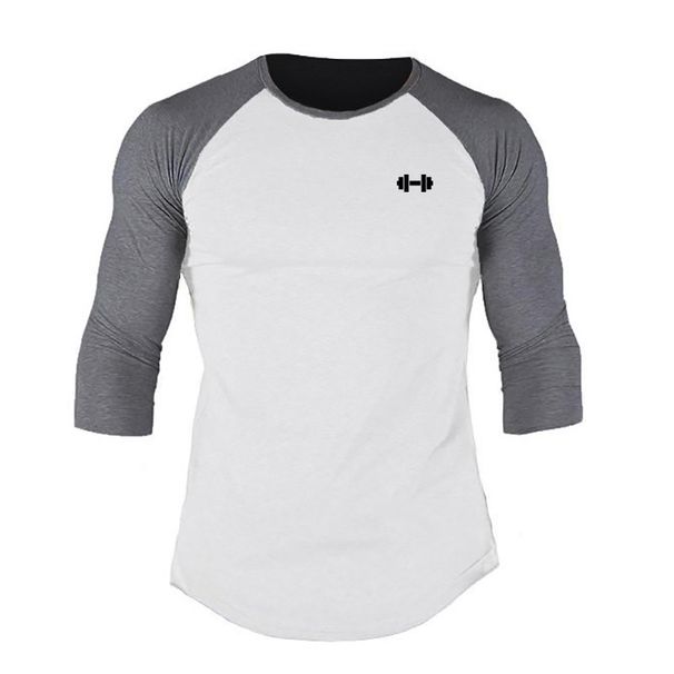 Autumn Crew Neck Sleeve Splicing T-Shirt Men's Seven-quarter Sleeve Top Slim-fit Elastic Bottom Shirt Casual Fitness Cotton_viptrois.com