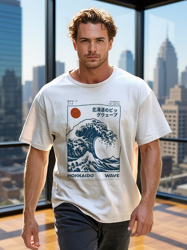 Maglietta Uomo Bianca 180g Cotone Puro Girocollo Stampa Onda Hokkaido Tratto Blu Bianco, Leggera Traspirante Per Uso Quotidiano Estivo_viptrois.com