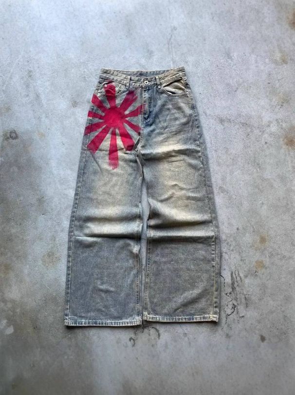 Men's Clothing Retro Washed Old Niche Design Print High Street Wide Leg Mopping Denim Trousers_viptrois.com
