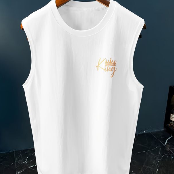 100% Pure Cotton Men's Summer Casual Sports Fitness Loose KING Letter Pattern Printed Breathable Round Neck Sleeveless Vest_viptrois.com