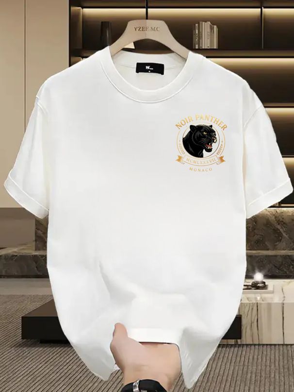 Summer New Short-sleeved T-shirt, Men's NOIR PANTHER Badge With Roman Numerals Creative Printing Half-sleeved Youth Trend Versatile Casual Loose Base_viptrois.com