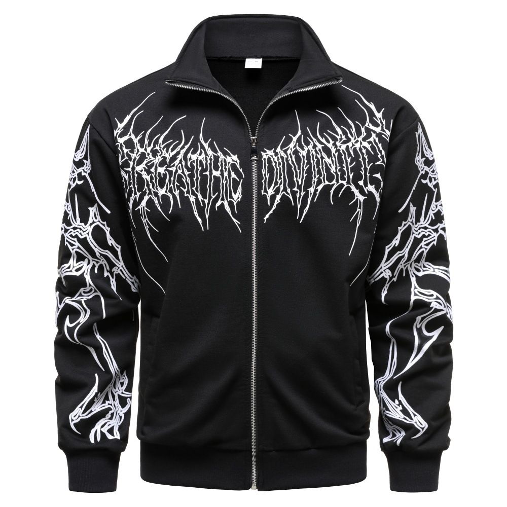 Men's Zip-Up Hoodie Jacket - Streetwear Print Overshirt, Thick Cotton Blend, Dark Aesthetic (S-XXL, Black/White/Red/Purple)_viptrois.com