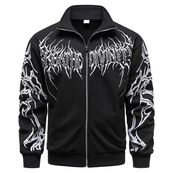 Men's Zip-Up Hoodie Jacket - Streetwear Print Overshirt, Thick Cotton Blend, Dark Aesthetic (S-XXL, Black/White/Red/Purple)_viptrois.com