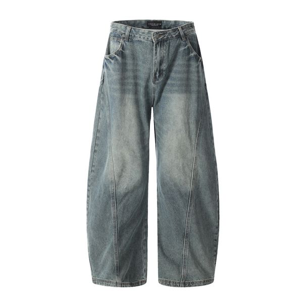 American Style Washed Denim Scimitar Men's Trendy Cargo Deconstructed Split Spliced Sickle Loose Wide-Leg Long Pants_viptrois.com