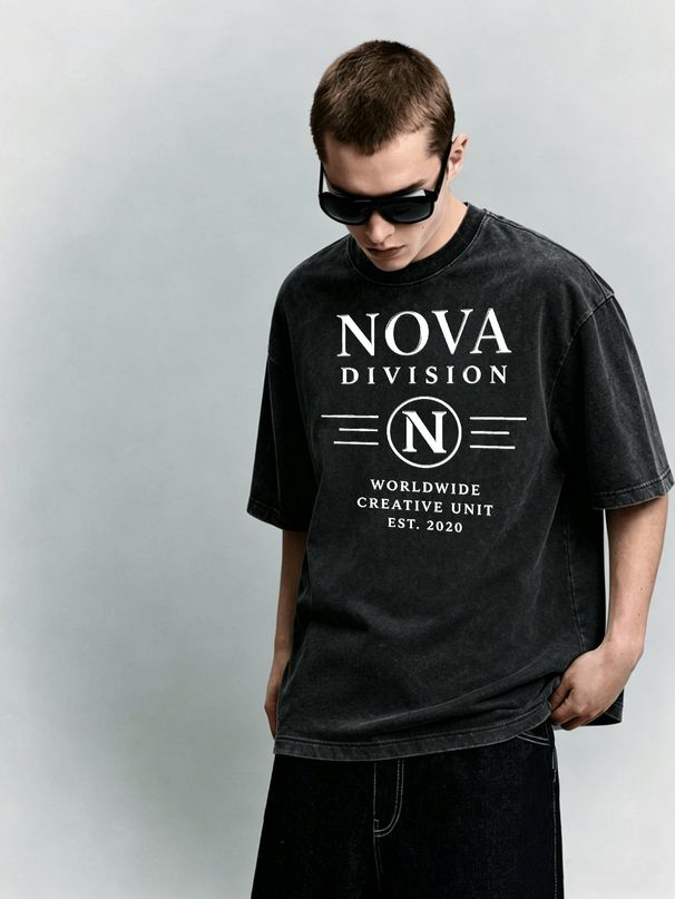 Vintage Washed "NOVA DIVISION" Letter Graphic Cotton T-Shirt Men's Casual Streetwear Tee_viptrois.com