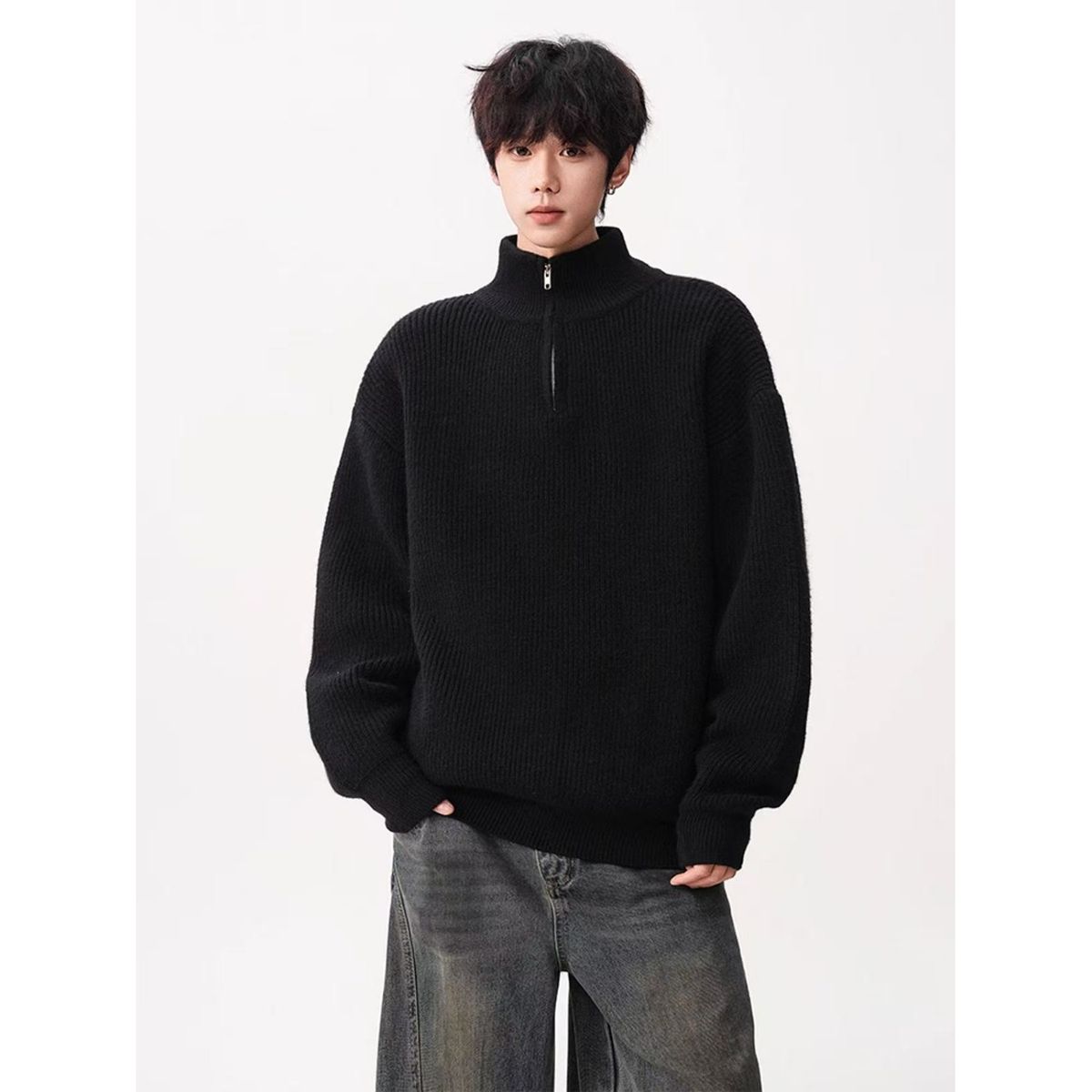 Trendy Half-Zip High Neck Solid Color For Men, Loose Fit, Autumn Winter, Japanese Lazy Style, Couple's Versatile Knitted_viptrois.com
