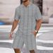 Men's Clothing Solid Jacquard Short Sleeve Shirt & Shorts Set - Breathable Casual Outfit For Business & Leisure (Blue/Khaki/Grey/Black/White, S-XXXL)_viptrois.com