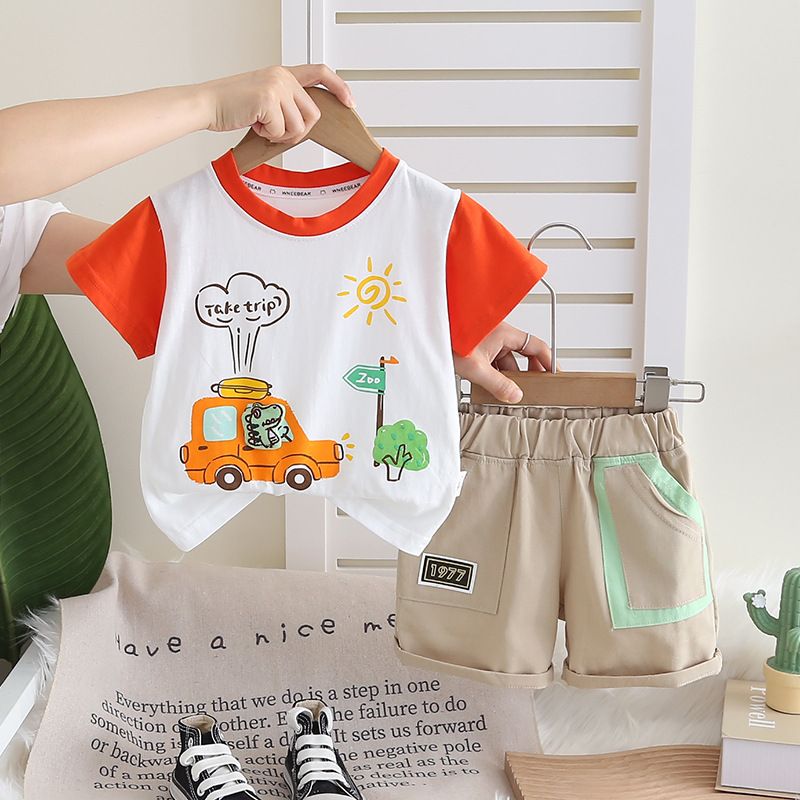 Baby Dress 2025 New Boys' Cartoon Short Sleeved Shorts Two Piece Dinosaur Car Set Summer Western Style Clothes Trendy_viptrois.com