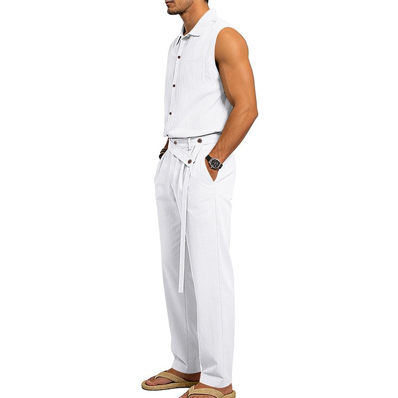 Men's Clothing Men's Linen Blend Sleeveless Shirt And Relaxed Fit Pants Set | Breathable Summer Outfit_viptrois.com