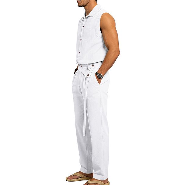 Men's Clothing Men's Linen Blend Sleeveless Shirt And Relaxed Fit Pants Set | Breathable Summer Outfit_viptrois.com