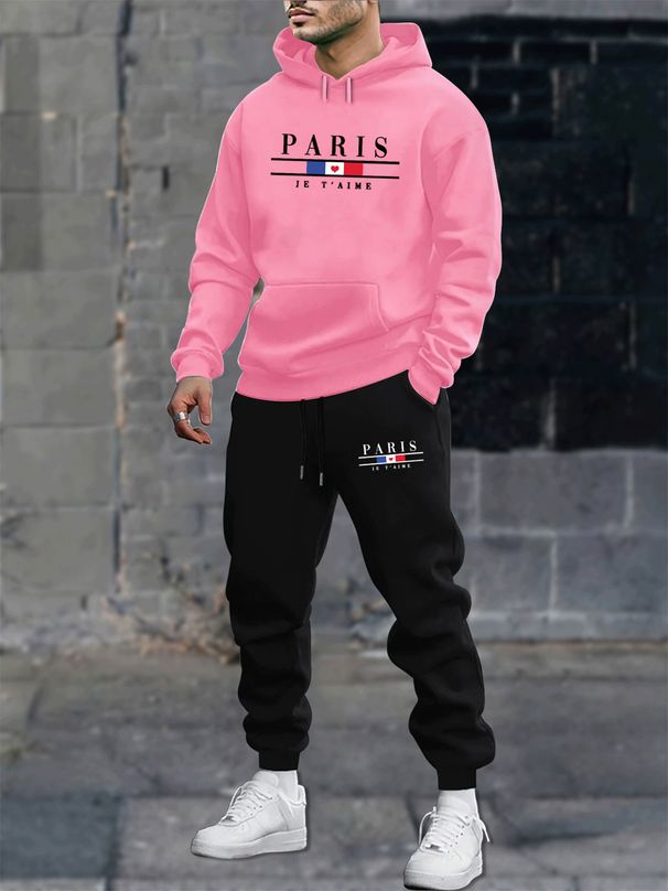 Men's Autumn/Winter Casual Fashion Paris Pattern Printed Loose Suede Thick Hoodie+Sports Pants Set_viptrois.com