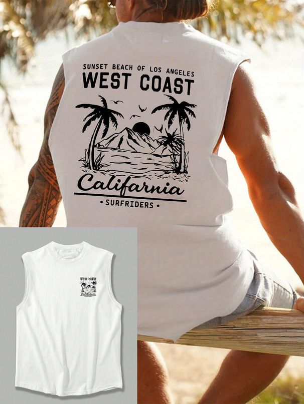100% Pure Cotton Men's Summer Casual Sports Fitness Loose Retro California Beach Surfing Print Breathable Round Neck Sleeveless Vest_viptrois.com
