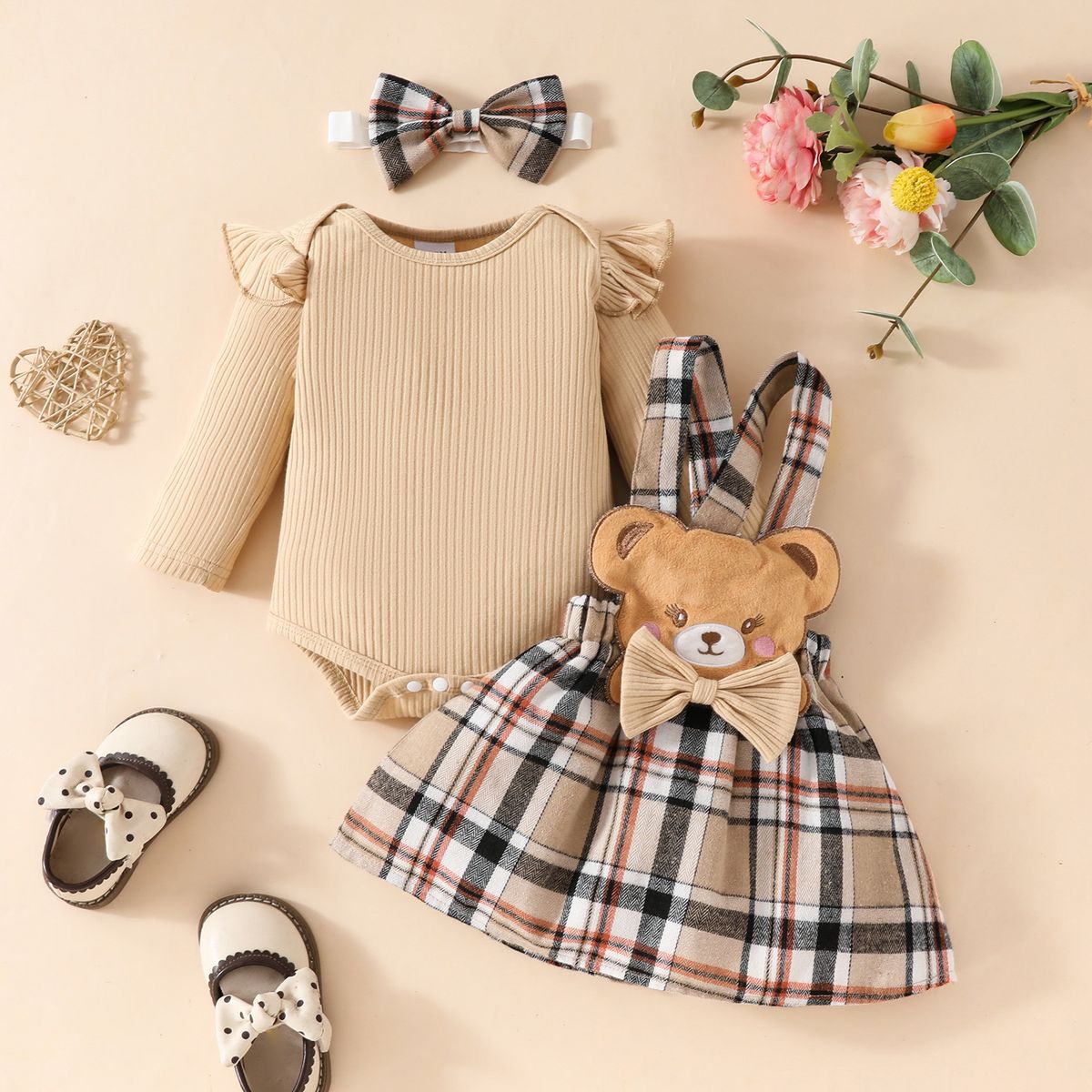 European And American Baby Autumn And Winter Striped Long Sleeved Triangle Romper + Bowknot Plaid Bear Doll Suspender Skirt + Hairband Set_viptrois.com