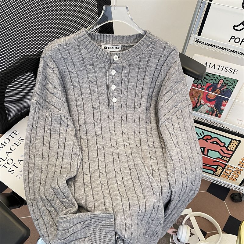 Retro autumn new striped jacquard sweater men's round neck pullover loose warm high street fashion brand knitted sweater_viptrois.com