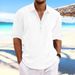 Men's Clothing Half Sleeved Shirt Summer Solid Color Lapel Business Casual Cotton Half Cardigan_viptrois.com