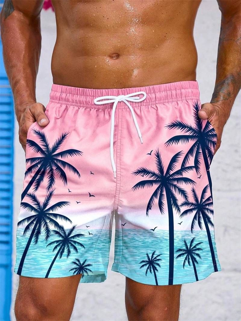 2025 Popular Loose Beach Pants, Summer Beach Surfing Pants, 3D Printed Coconut Tree Pattern, Trendy Men's Shorts_viptrois.com