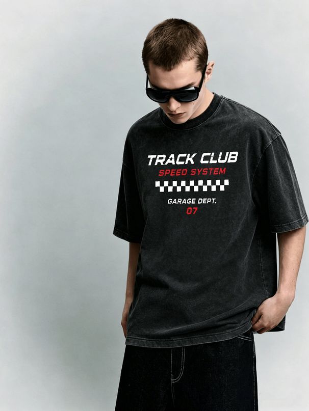 Heavyweight 230g Washed Racing Checkered Printed T-Shirt Men's Urban Streetwear Tee_viptrois.com