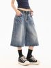 Men's Clothing Retro Washed Old Lightning Pattern Three Quarter Denim Shorts Loose Straight Wide Leg Mid Length Pants_viptrois.com
