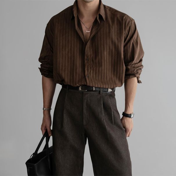 Nordmann Textured Casual Long Sleeve For Men 2025 New Retro Mature Style Vertical Striped Design Shirt Trend_viptrois.com
