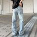 Men's Clothing Unisex Distressed Denim Jeans With Pearl Embellishments – Oversized Straight-Leg Pants (L-XXXL) | Vintage Washed Blue/Black_viptrois.com