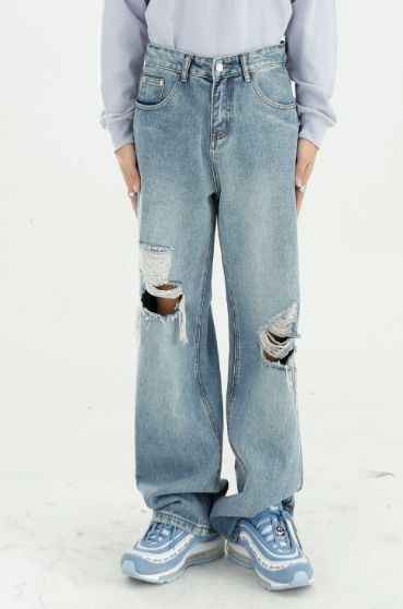 MT L C LO TH E S Men's Clothing | New Product: Hole-embroidered Floor-Length Pants, Loose Washed Straight Denim Pants For Men_viptrois.com