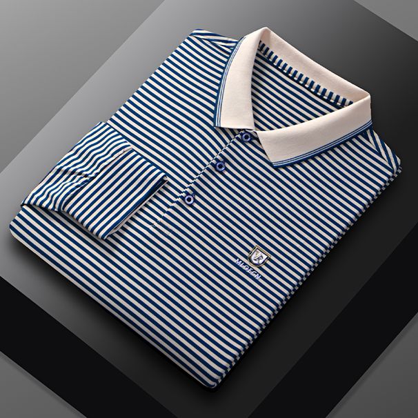 Spring And Autumn Striped Polo For Men 2025 New Style Middle-aged Casual Turn-down Collar Long Sleeve T-shirt Dad's_viptrois.com