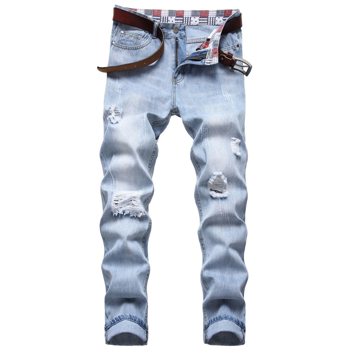 Men's Clothing High Street Pure Cotton Ripped Men's Jeans Beggar Pants Fried Bleached Small Straight Light Blue Jeans_viptrois.com