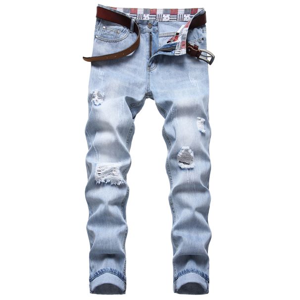 Men's Clothing High Street Pure Cotton Ripped Men's Jeans Beggar Pants Fried Bleached Small Straight Light Blue Jeans_viptrois.com