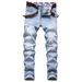 Men's Clothing High Street Pure Cotton Ripped Men's Jeans Beggar Pants Fried Bleached Small Straight Light Blue Jeans_viptrois.com