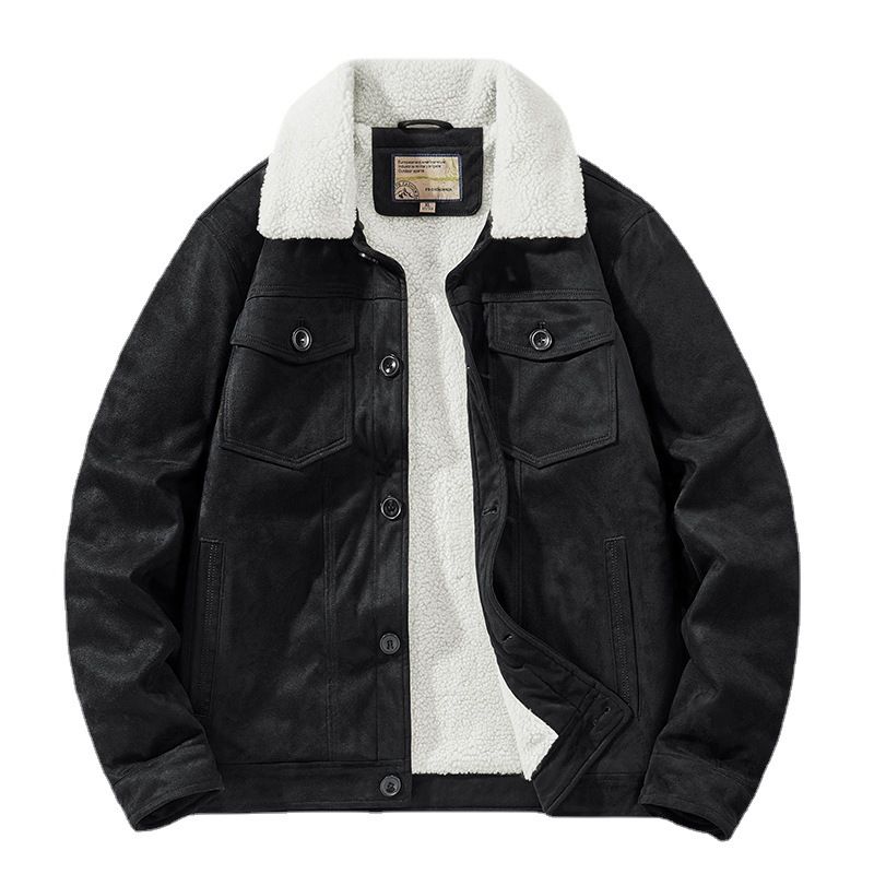 Men's Suede & Velvet Winter Jacket – Thick Lapel Lambskin Coat | Multi-Pocket Warm Workwear (Black/Khaki/Brown, M-5XL)_viptrois.com
