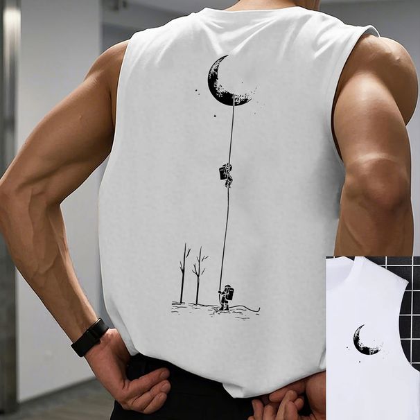 100% Pure Cotton Men's Summer Casual Sports Fitness Loose Fit Astronaut Landing Moon Pattern Printed Breathable Round Neck Sleeveless Vest_viptrois.com
